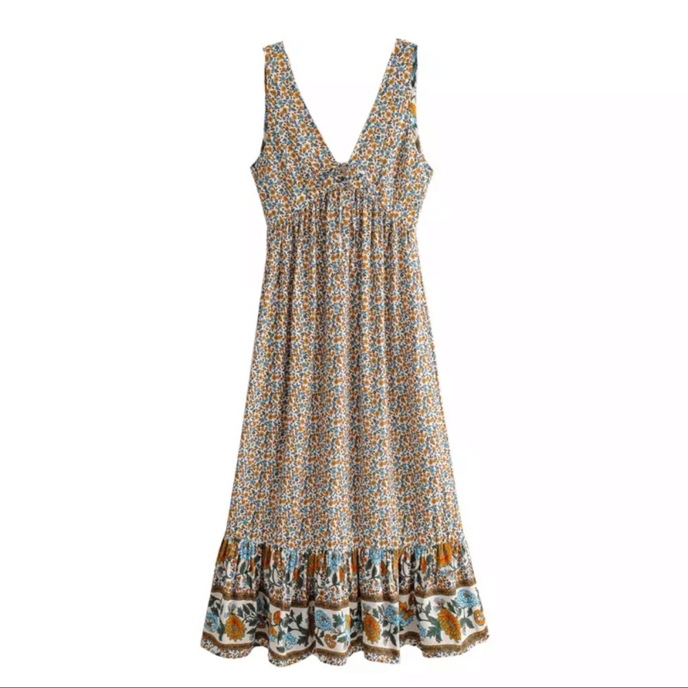 Boho maxi dress floral print cottagecore yellow - Picture 4 of 7